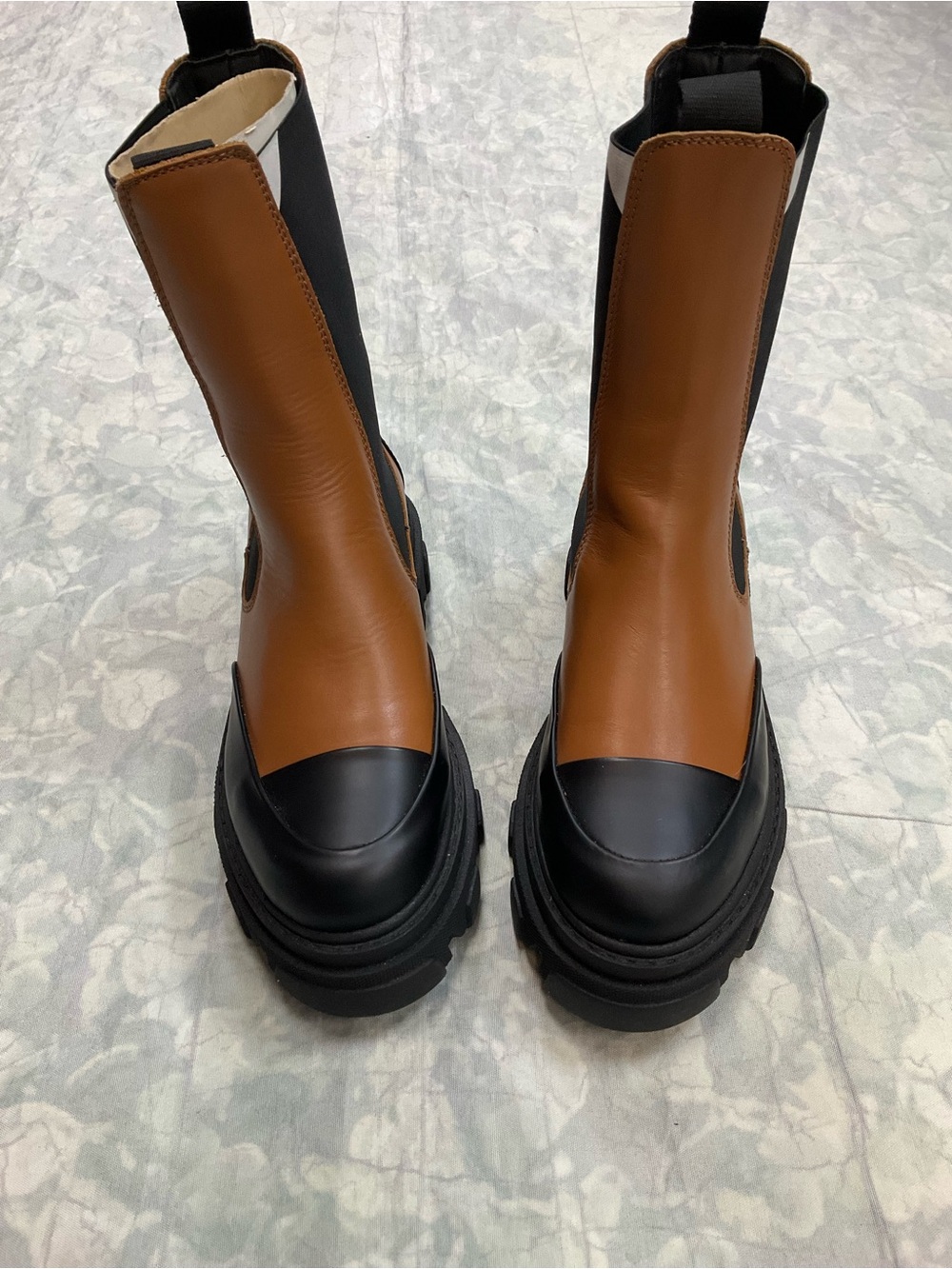 Ganni Tan Leather Chelsea Lug Boots with Black Toe